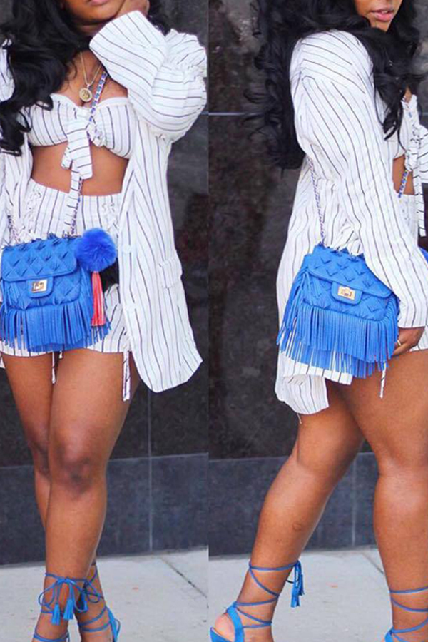 

Lovely Casual Bateau Neck Striped White Knitting Two-piece Shorts Set(With Coat)