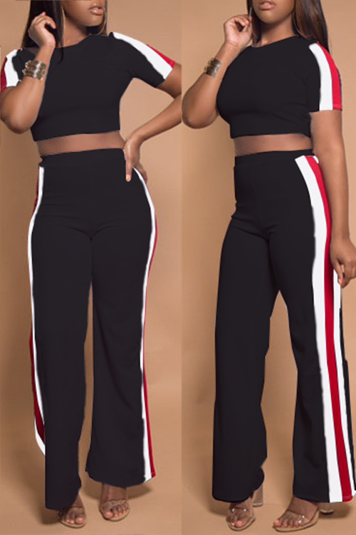 

LovelyCasual Round Neck Striped Black Two-piece Pants Set