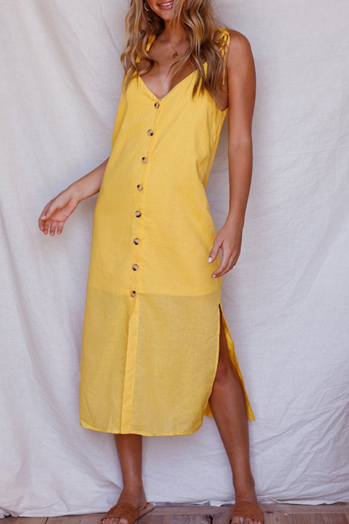 

Lovely Casual V Neck Buttons Slit Hem Yellow Blending Mid Calf Dress