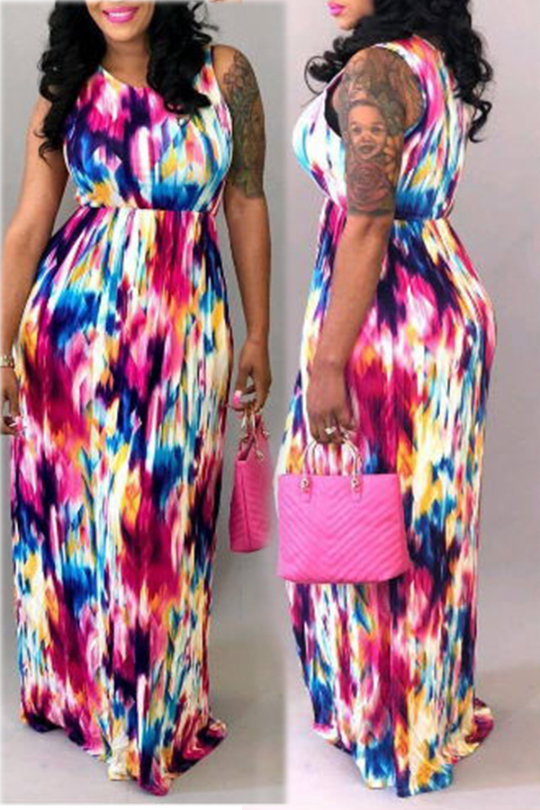 

Lovely Trendy Tank Sleeveless Printed Floor Length Dress, Wine red