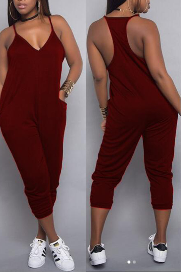 

LW Euramerican Dew Shoulder Wine Red One-piece Jumpsuit