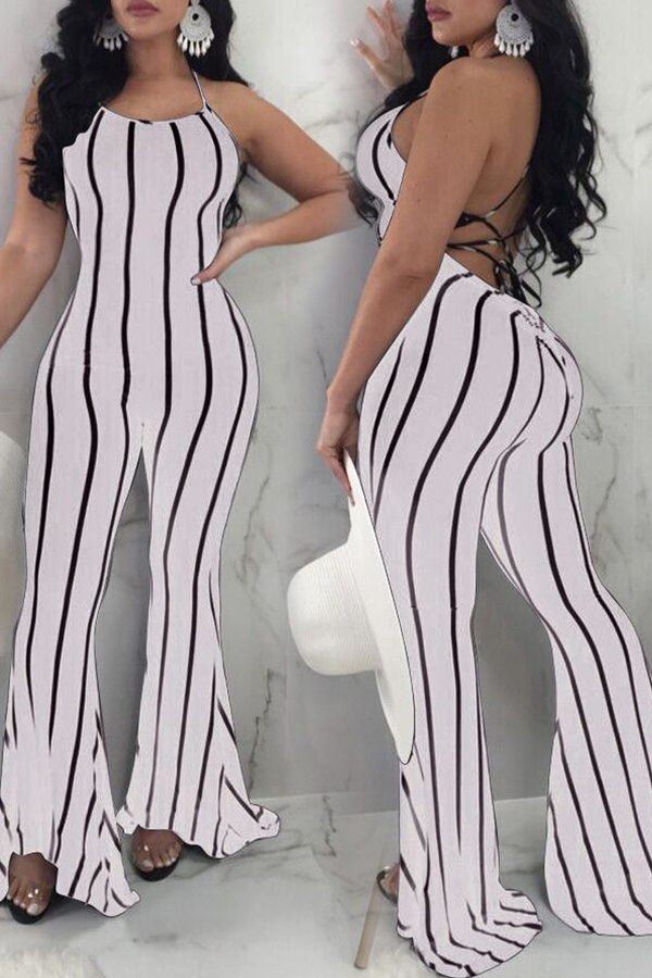 

LovelySexy Striped Backless White Polyester One-piece Jumpsuit