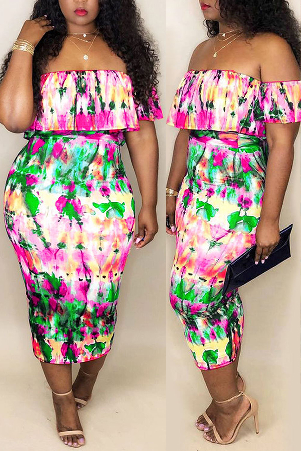 

Lovely Euramerican Dew Shoulder Printed Red-green Mid Calf Sheath Dress