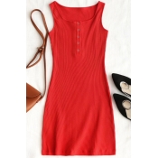 Lovely Casual U Neck Buttons Red Knitting Sheath M