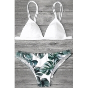 Lovely Chic Leaf Printed White Two-piece Swimwears