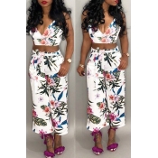 Lovely Trendy V Neck Printed White Cotton Two-piec