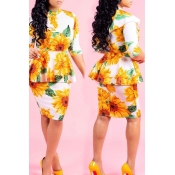 Lovely Trendy Sunflower Printed Yellow Knee Length