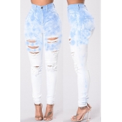 Lovely Trendy High Waist Broken Holes Blue Jeans