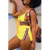 Lovely Sexy Patchwork Yellow Two-piece Shorts Set
