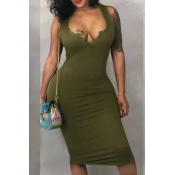 Lovely Casual V Neck Army Green Sheath Mid Calf Dr