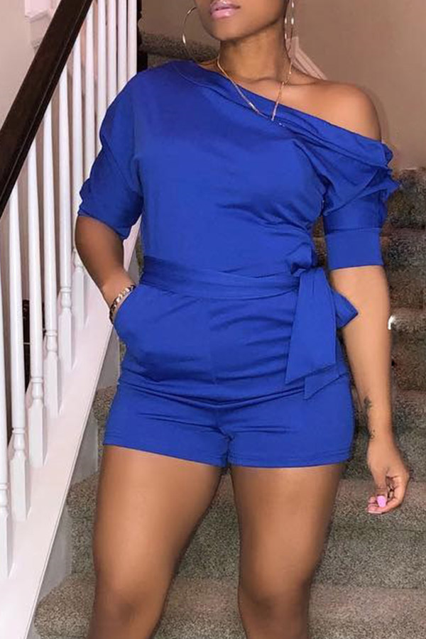 

Lovely Trendy Show A Shoulder Blue One-piece Rompers (With Belt )