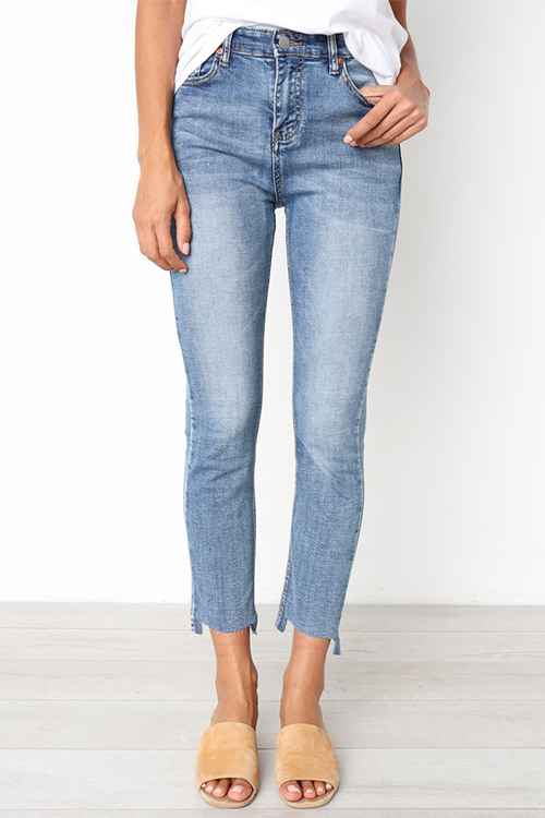 Lovely Euramerican Irregular Hems Baby Blue  Jeans