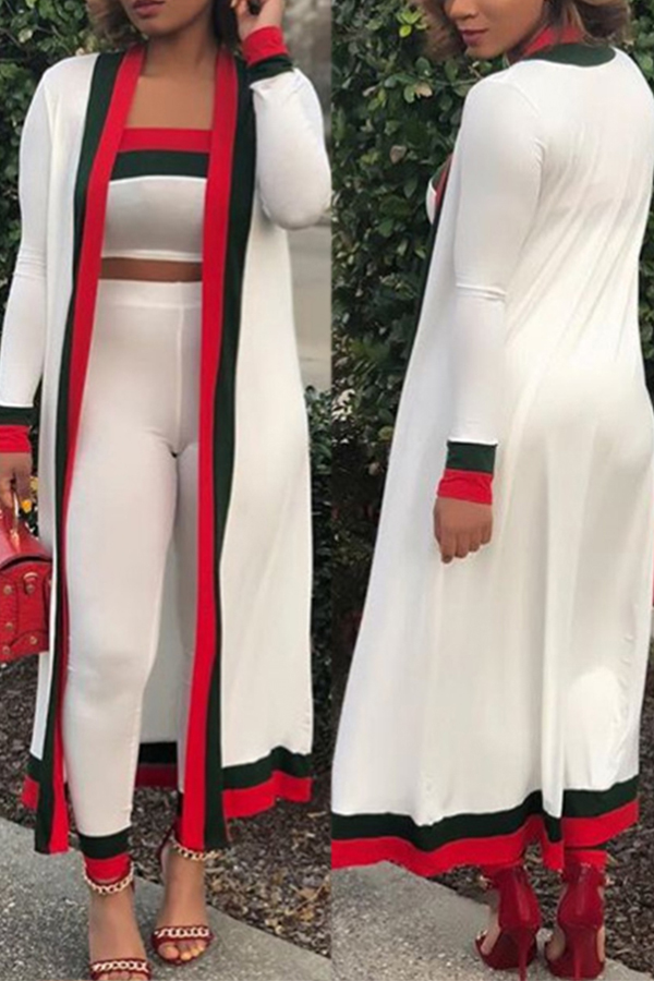 

LovelyFashion Bateau Neck Striped White Polyester Two-piece Pants Set(With Coat)