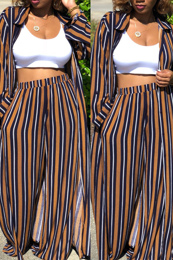 

Lovely Casual Striped Loose Coffee Two-piece Pants Set