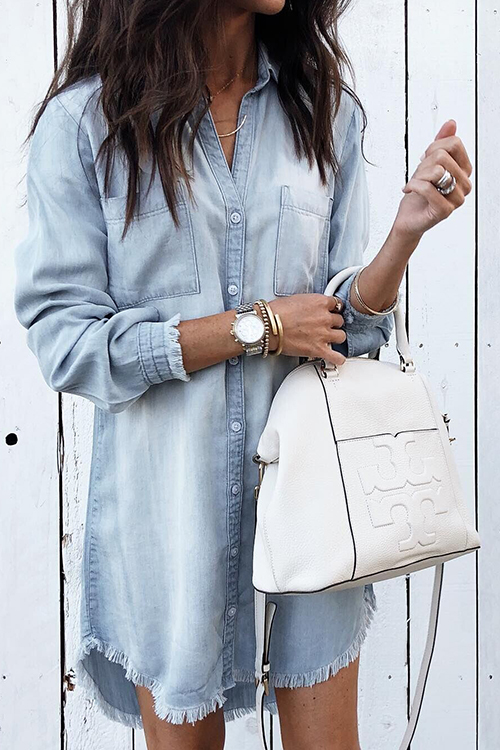 

Lovely Euramerican Torn Edges Buttons Design Light Blue Mini Dress