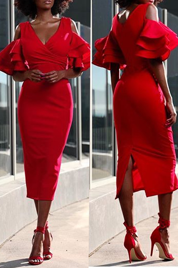 

LovelyTrendy Flounces Sheath Red Mid Calf Dress