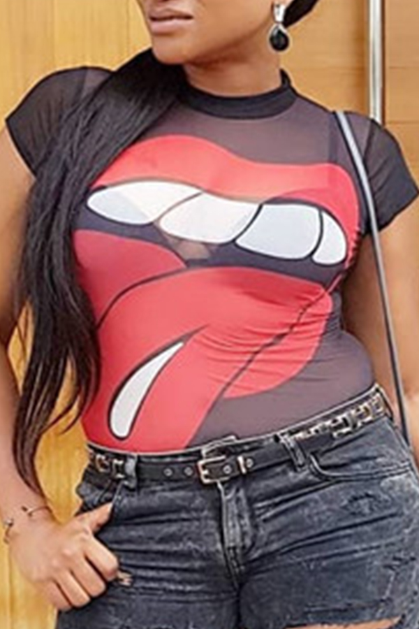 

Lovely Fashion See-though Printed Black T-shirt