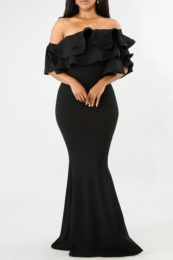 

Lovely Elegant Fishtail Flounces Design Black Floor Length Dress