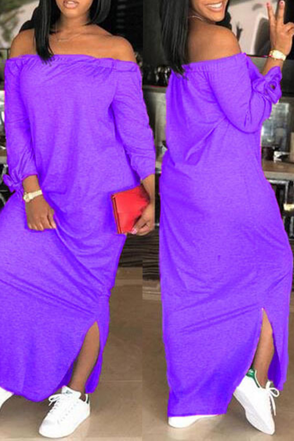 

Lovely Casual Dew Shoulder Slit Hem Purple Ankle Length Dress