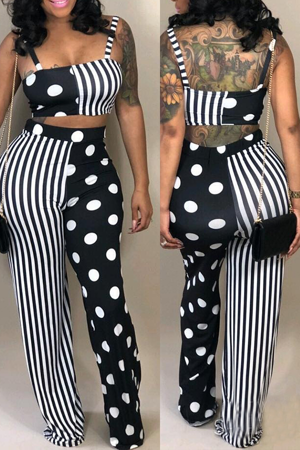 

Lovely Euramerican Dots Printed Striped Black Two-piece Pants Set