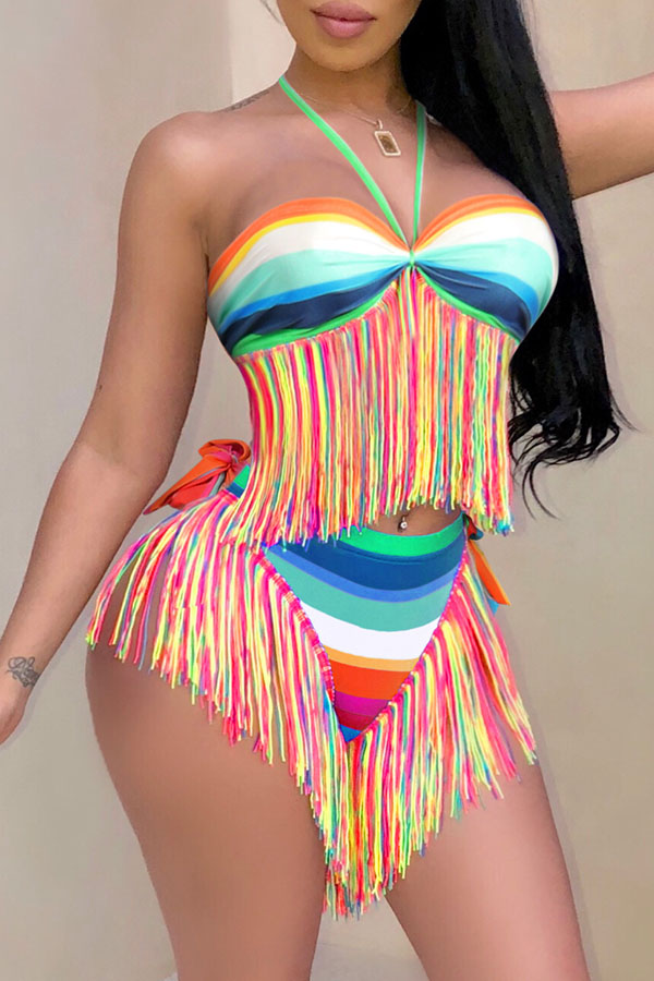 

Lovely Fashion Tassel Fringed Multicolor Two-piece Swimwear