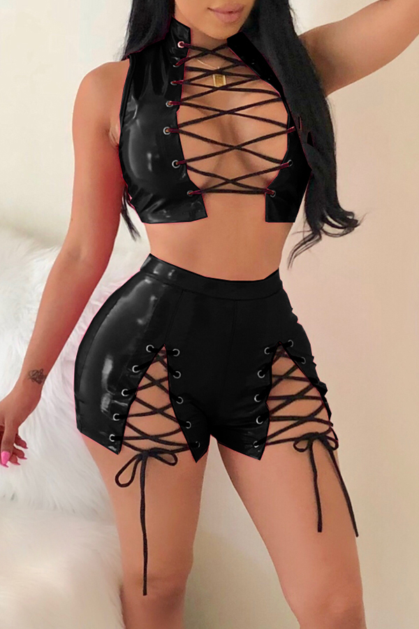 

Lovely Sexy Multi Rope Hollow-out Black PU Two-piece Shorts Set