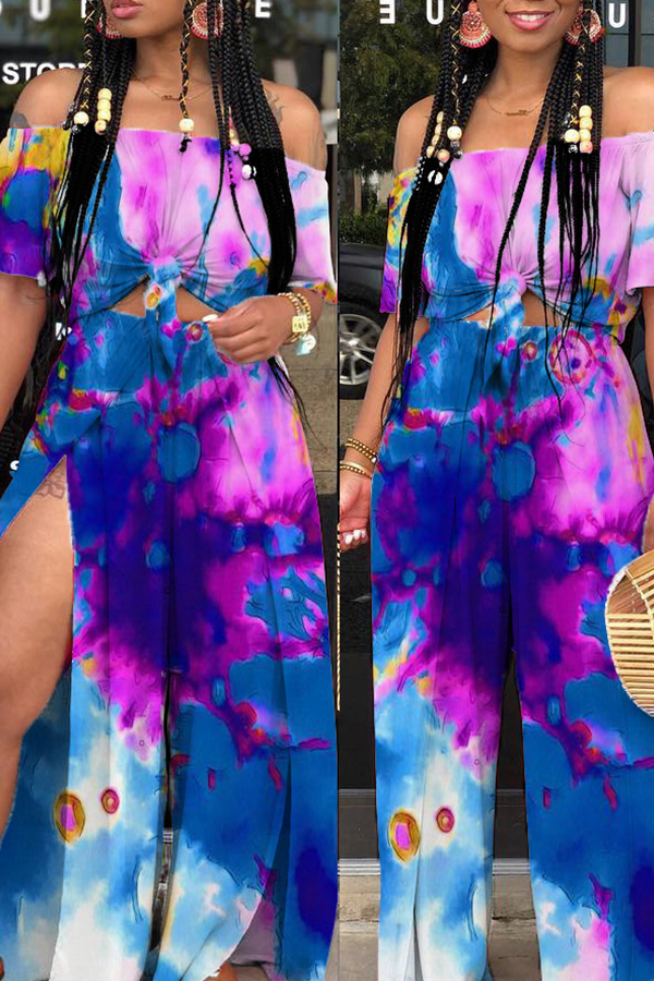 

Lovely Casual Printed Side Slit Loose Blue Two-piece Pants Set
