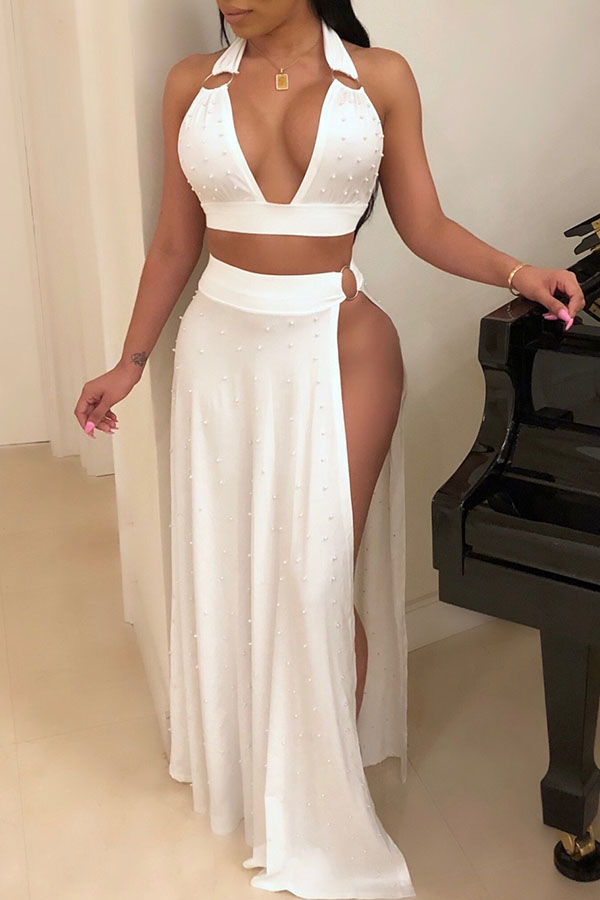 

Lovely Fashion Nail Bead Design Side Slit White Qmilch Two-piece Skirt Set