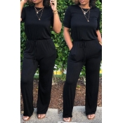Lovely Euramerican Lace-up Black One-piece Jumpsui
