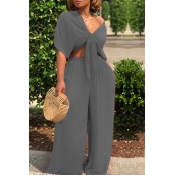 Lovely Casual Deep V Neck Loose Grey Two-piece Pan