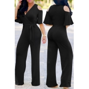 Lovely Casual Cold-shoulder Black One-piece Jumpsu