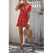Lovely Pretty Floral Printed Flounce Red Mini Dres