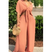 Lovely Casual Deep V Neck Loose Jacinth Two-piece 