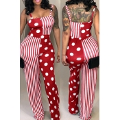 Lovely Casual Dots Printed Striped Red One-piece J