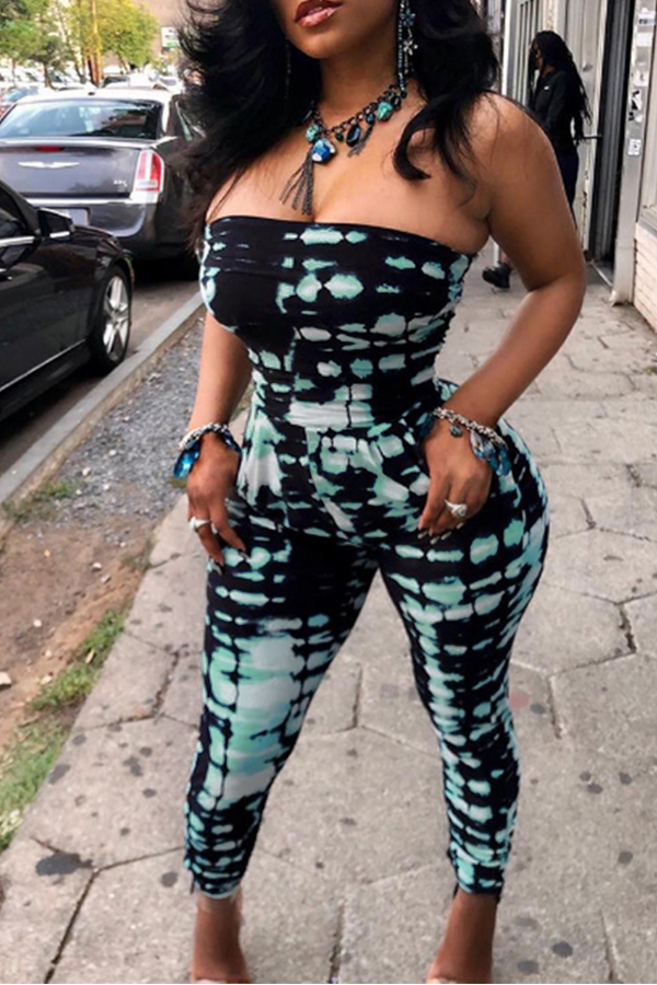 

Lovely Euramerican Dew Shoulder Skinny Blue One-piece Jumpsuit