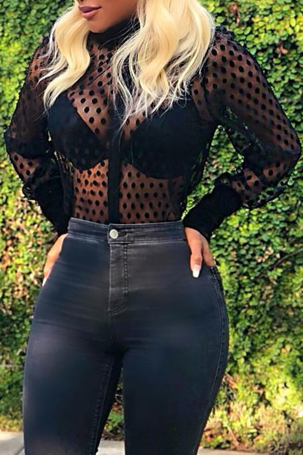 Lovely Sexy See-through Dots Printed Long Sleeves Black Gauze Blouses