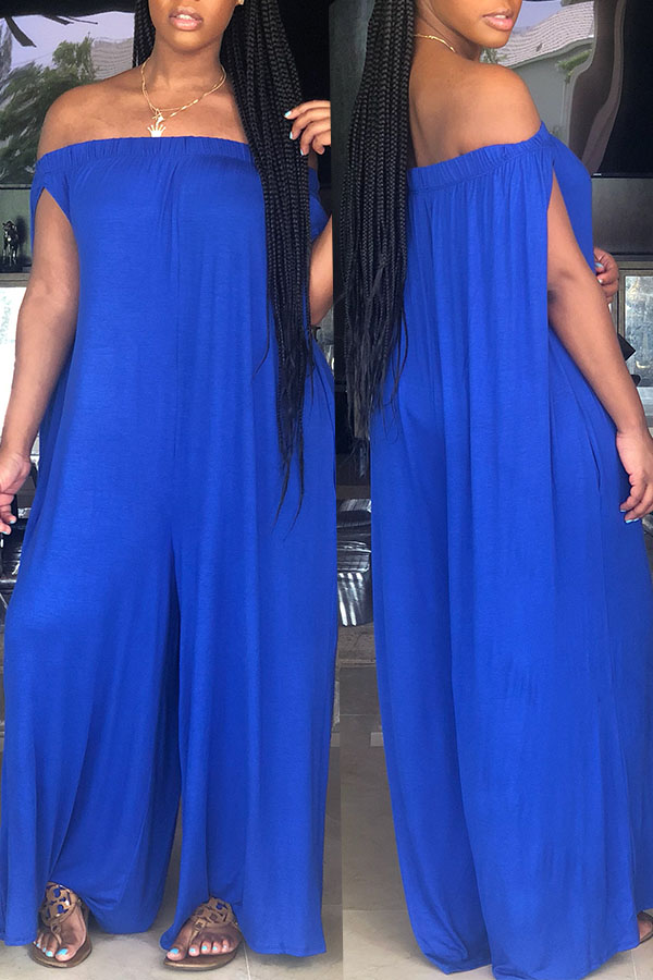 

Lovely Euramerican Dew Shoulder Blue One-piece Jumpsuit(Without Belt)