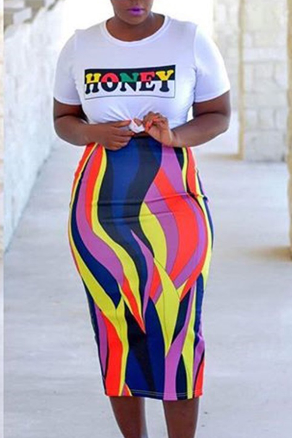 

Lovely Euramerican Letters Printed Multicolor Two-piece Skirt Set