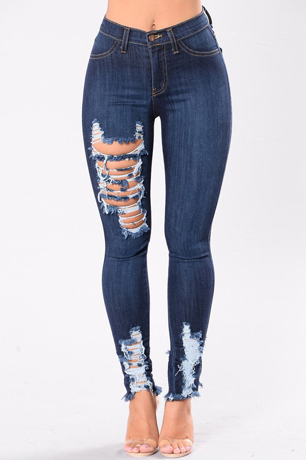 

Lovely Casual Broken Holes Deep Blue Jeans