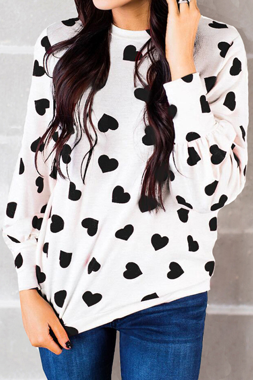 

Lovely Round Neck Heart-shaped Printed Black T-shirt