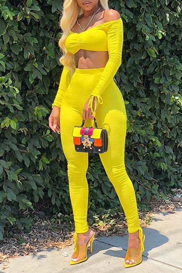 

Lovely Euramerican Dew Shoulder Yellow Two-piece Pants Set