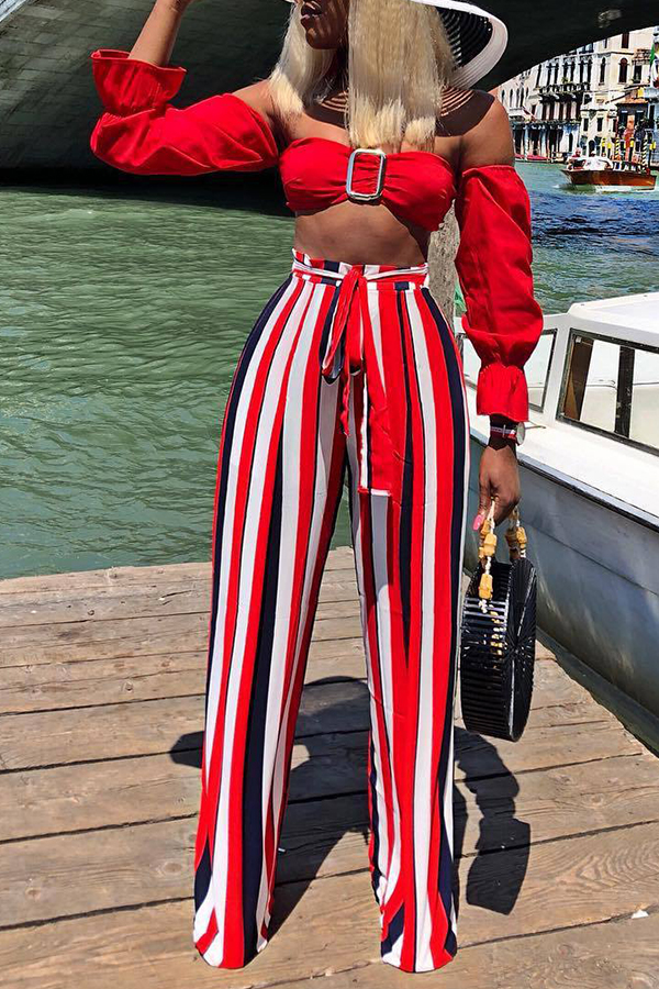 

Lovely vogue Dew Shoulder Striped Red Twilled Satin Two-piece Pants Set