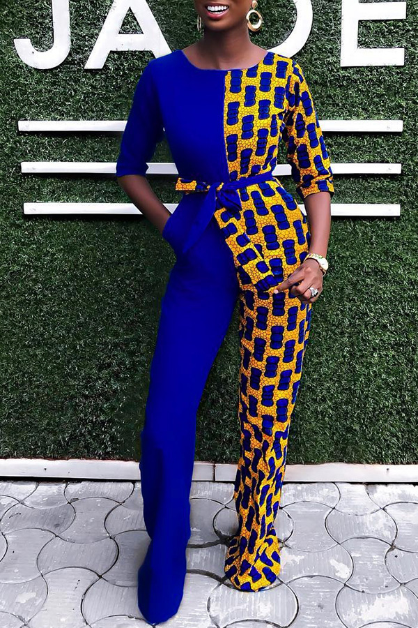 

Lovely Euramerican Patchwork Blue Twilled Satin One-piece Jumpsuit