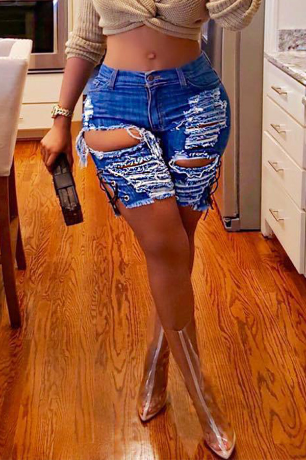 

Lovely Street Broken Holes Torn Edges Royal-blue Denim Shorts