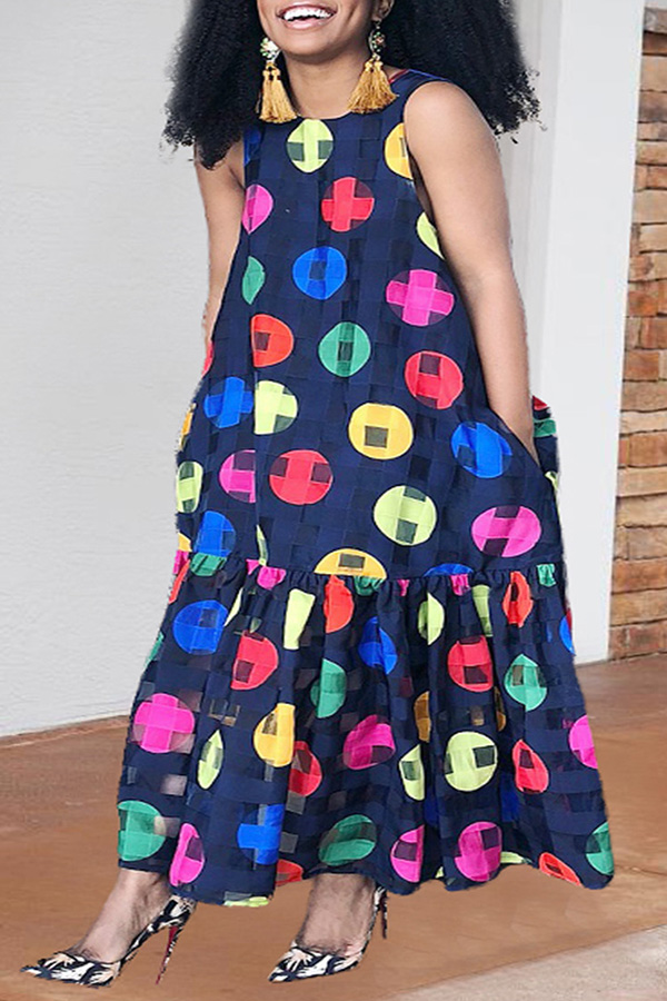 

Lovely Bohemian Dots Printed Dark Blue Ankle Length Dress
