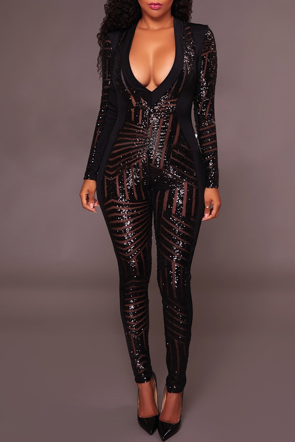 

Lovely Sexy Deep V Neck Sequined Black Gauze One-piece Jumpsuit