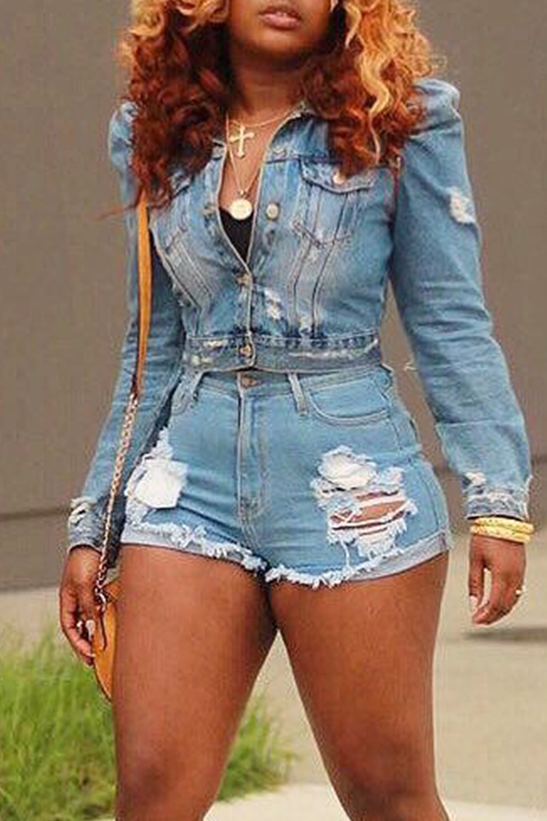 

Lovely Casual Broken Holes Blue Denim Two-piece Shorts Set