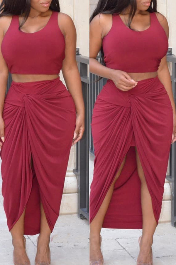 

Lovely Casual Sleeveless Irregular Hems Wine Red Two-piece Skirt Set