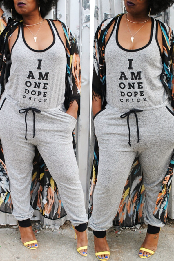 

Lovely Euramerican Letters Printed Grey One-piece Jumpsuit