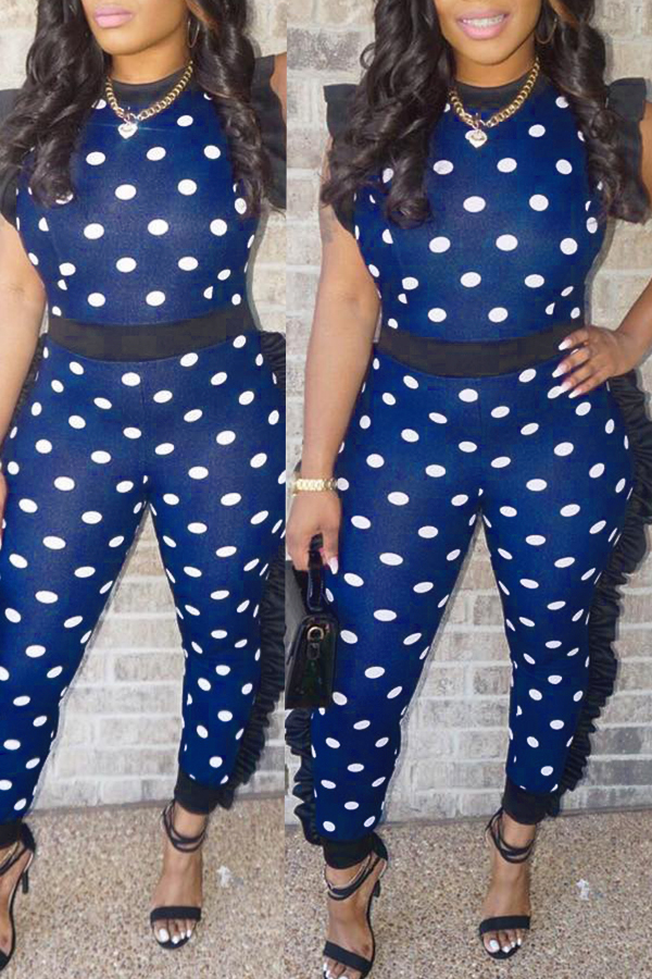 

Lovely Euramerican Dots Printed Skinny Blue Twilled Satin One-piece Jumpsuit